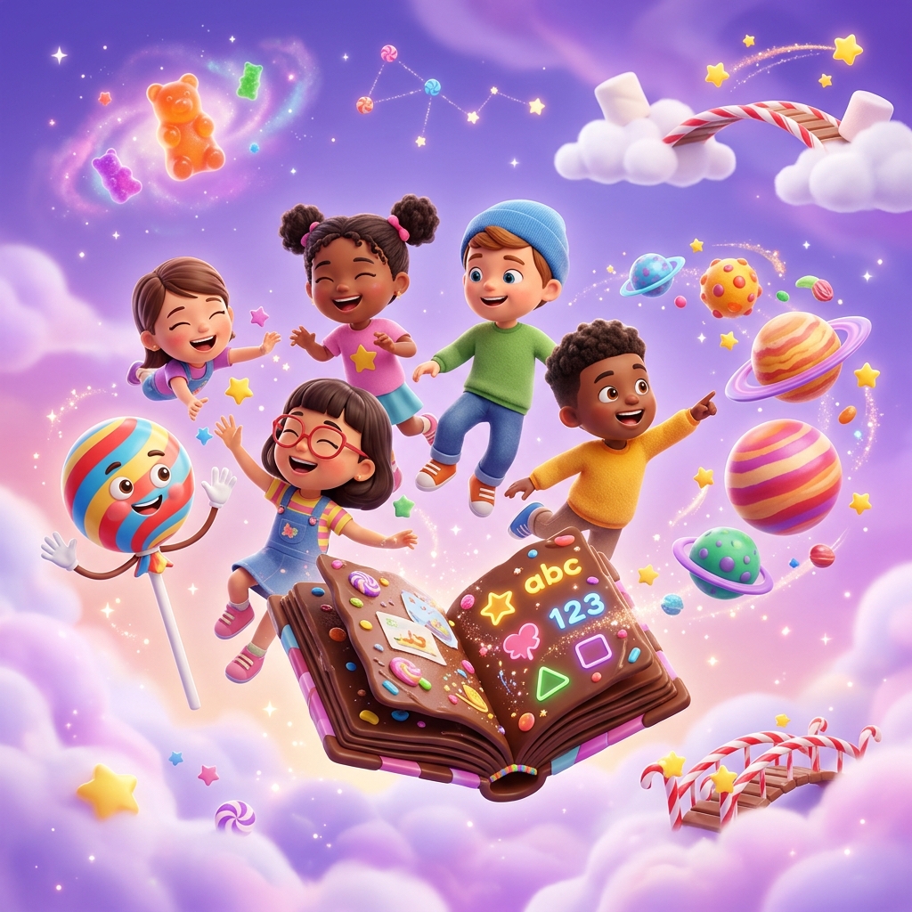 Candy Learning App — kids flying over a magical candy-themed learning world