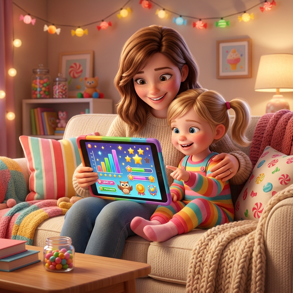Parent and child using the Candy Learning parent dashboard together on a tablet